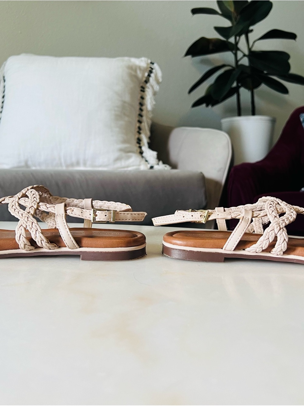Kelly & Katie Braided T-Strap Sandal in Beige and Brown - Picture 7 of 8
